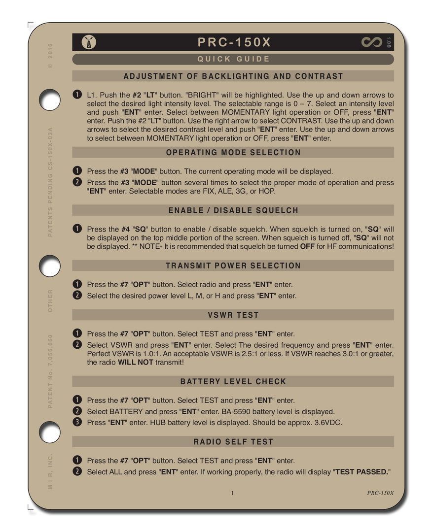 Mission Information Resources, Inc AN/PRC-150X QUICK GUIDE Tactical